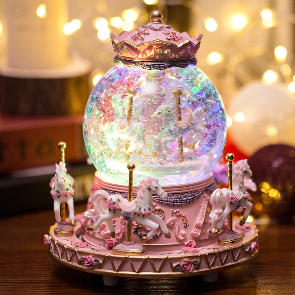 5586 Gift Wrapped Bluetooth Music Box Carousel Horses Color Lights Unicorn